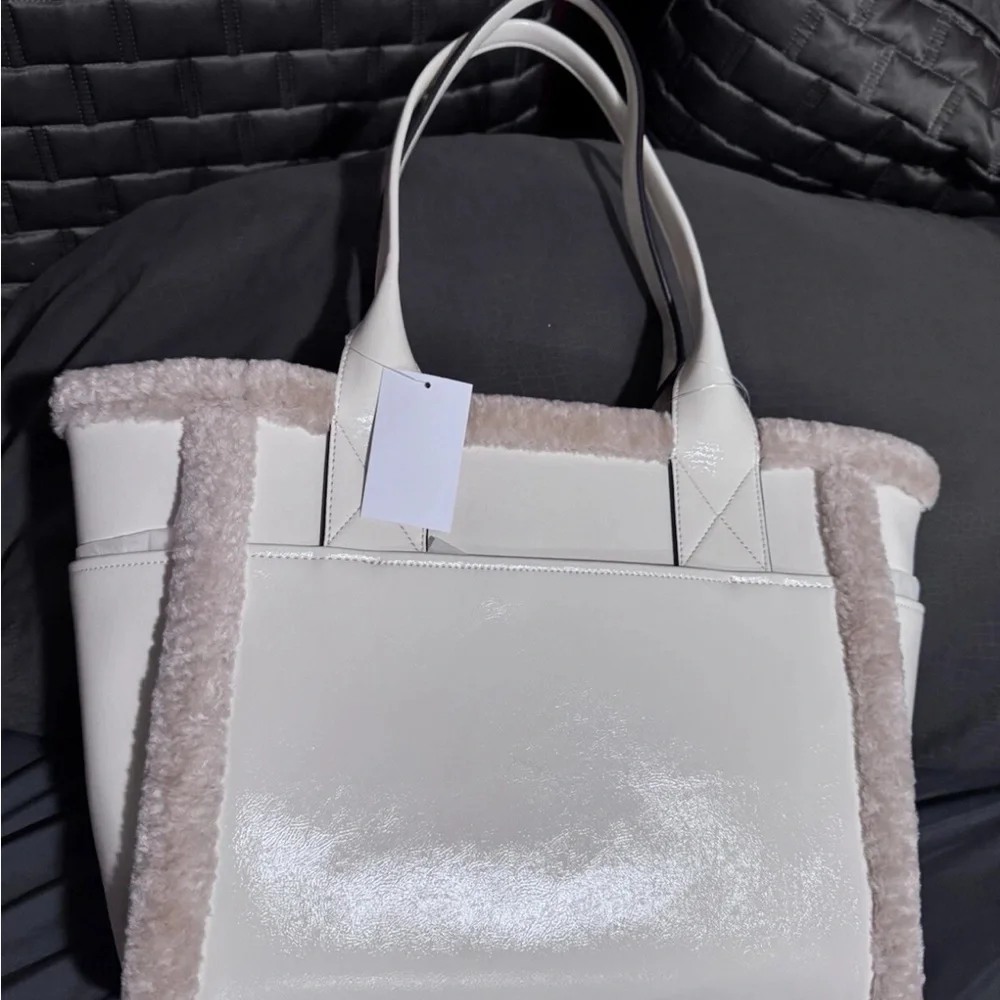 Kate Spade Large Cream Embroidered patent leather tote fur - NWT retails: $429